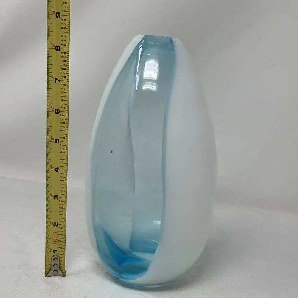 Vintage Hand Blown Translucent Blue And White Striped Art Glass Vase 8.5